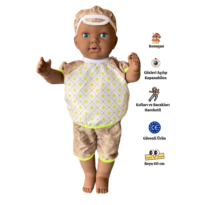 Oynar Gözlü Türkçe Konuşan Siyahi Berke Kel Et Bebek 60 Cm. - Konuşabilen Bebek - Kel Büyük Bebek