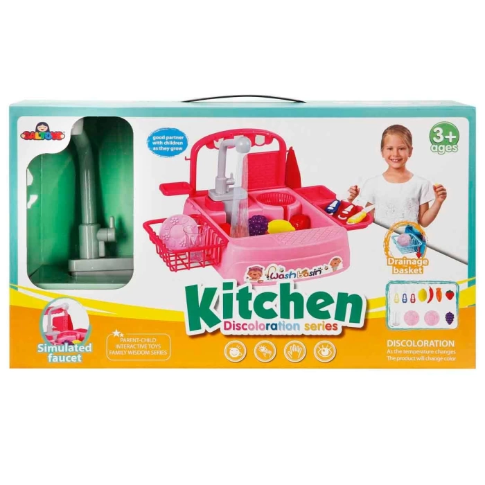 Pembe Su Akıtan Mutfak Lavabosu Seti - Çeşmeli Sesli Lavabo - Mutfak Seti - Su Akan Musluk - Akan Musluk Oyuncak