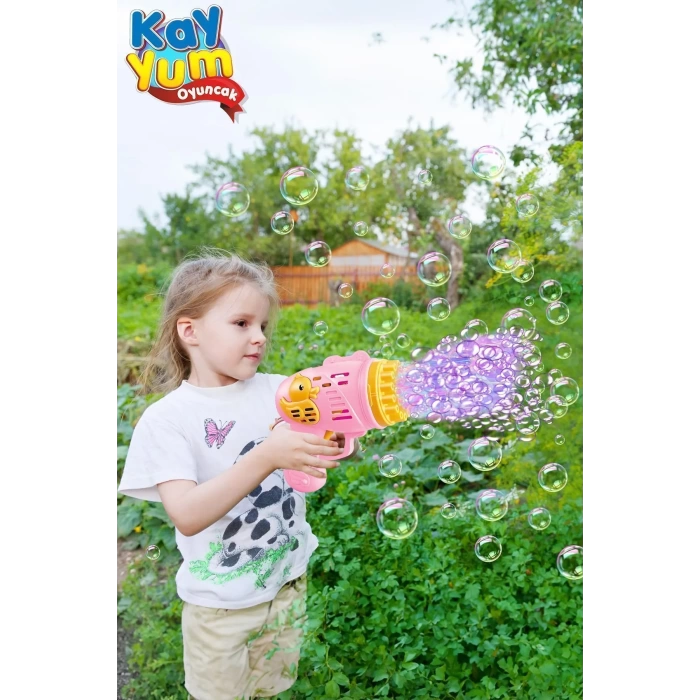 Pilli Ördek Köpük Tabancası - Baloncuk Tabancası - Köpüklü Silah - Baloncuk Oyunu - Pembe