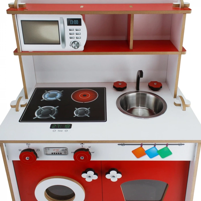 Pratik Hamarat Ahşap Mutfak - Ahşap Çocuk Mutfağı - Mutfak Seti - Kapaklı Mutfak - Kırmızı