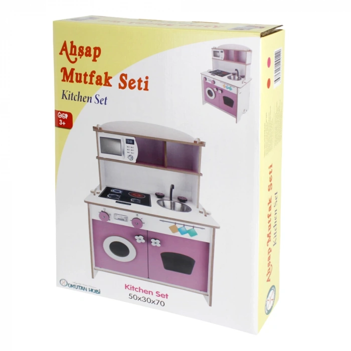 Pratik Hamarat Ahşap Mutfak - Ahşap Çocuk Mutfağı - Mutfak Seti - Kapaklı Mutfak - Pembe