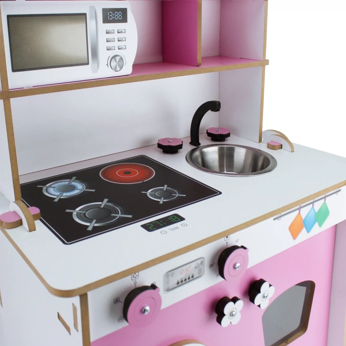 Pratik Hamarat Ahşap Mutfak - Ahşap Çocuk Mutfağı - Mutfak Seti - Kapaklı Mutfak - Pembe