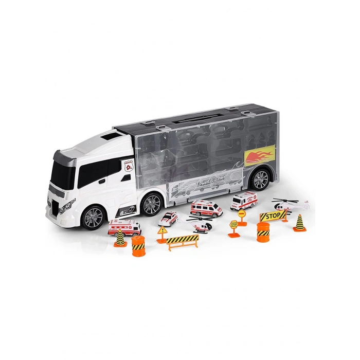Rampalı Ambulans Tır Seti - Ambulans Taşıyıcı Tır - Kaydıraklı Kamyon - Araç Yol Seti - Tır Yol Seti - Oyuncak Araç Seti