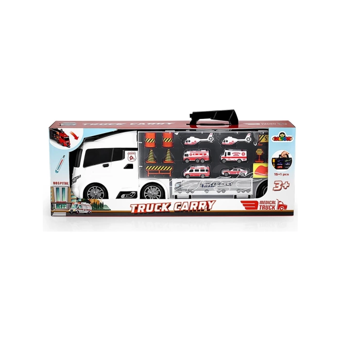 Rampalı Ambulans Tır Seti - Ambulans Taşıyıcı Tır - Kaydıraklı Kamyon - Araç Yol Seti - Tır Yol Seti - Oyuncak Araç Seti