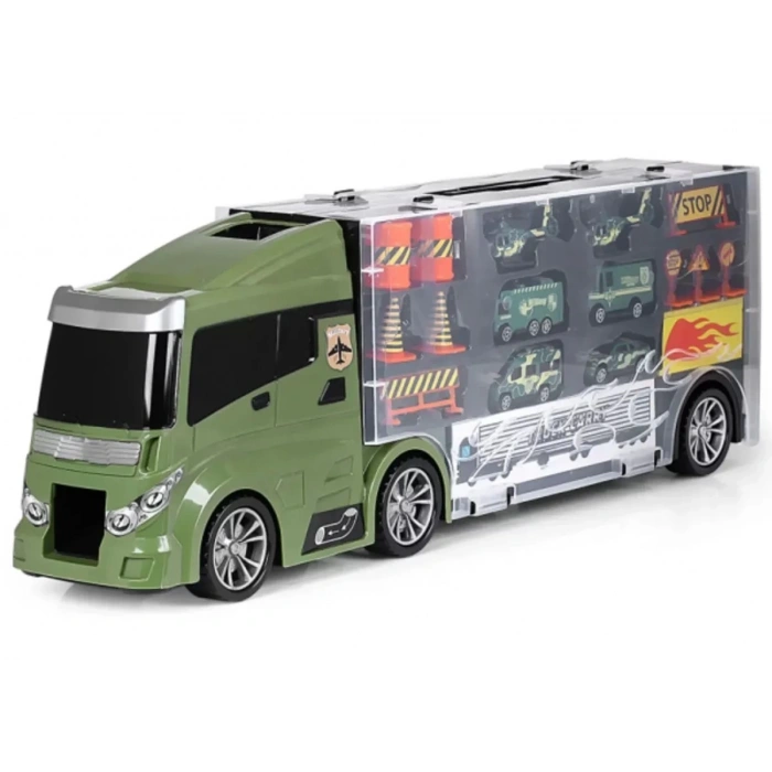 Rampalı Askeri Tır Seti - Askeri Taşıyıcı Tır - Kaydıraklı Kamyon - Araç Yol Seti - Tır Yol Seti - Oyuncak Araç Seti