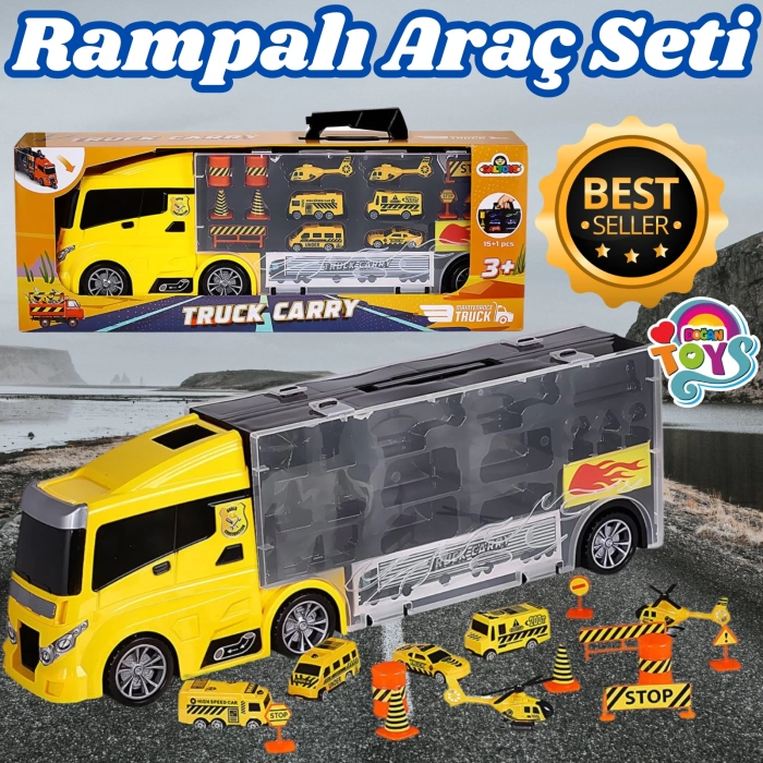Rampalı İnşaat Tır Seti - İnşaat Taşıyıcı Tır - Kaydıraklı Kamyon - Araç Yol Seti - Tır Yol Seti - Oyuncak Araç Seti