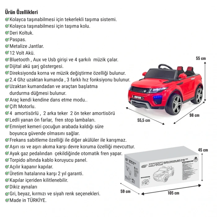 Raptor GT Kırmızı Uzaktan Kumandalı 4X2 12 Volt Akülü Araba - RC Land Rover Akülü Araba Range Rover