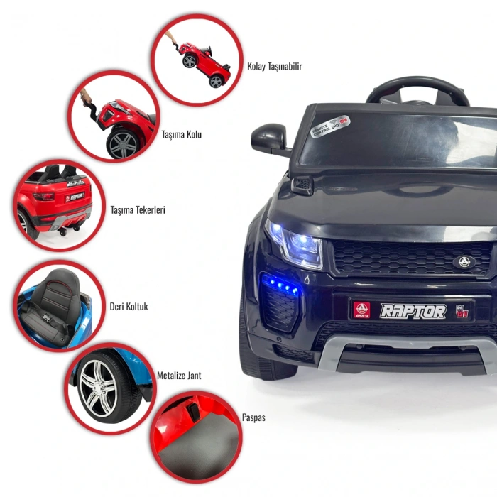 Raptor GT Siyah Uzaktan Kumandalı 4X2 12 Volt Akülü Araba - RC Land Rover Akülü Araba Range Rover