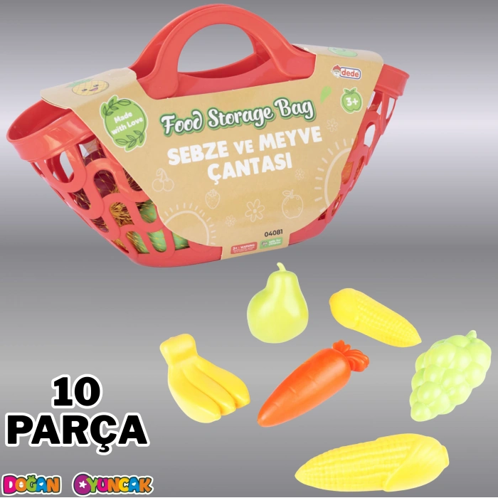 Sebze ve Meyve Çantası Kırmızı - Meyve Sebze Sepeti - Piknik Sepeti Oyuncak Meyveler - Oyuncak Sebzeler - Mutfak Oyuncakları