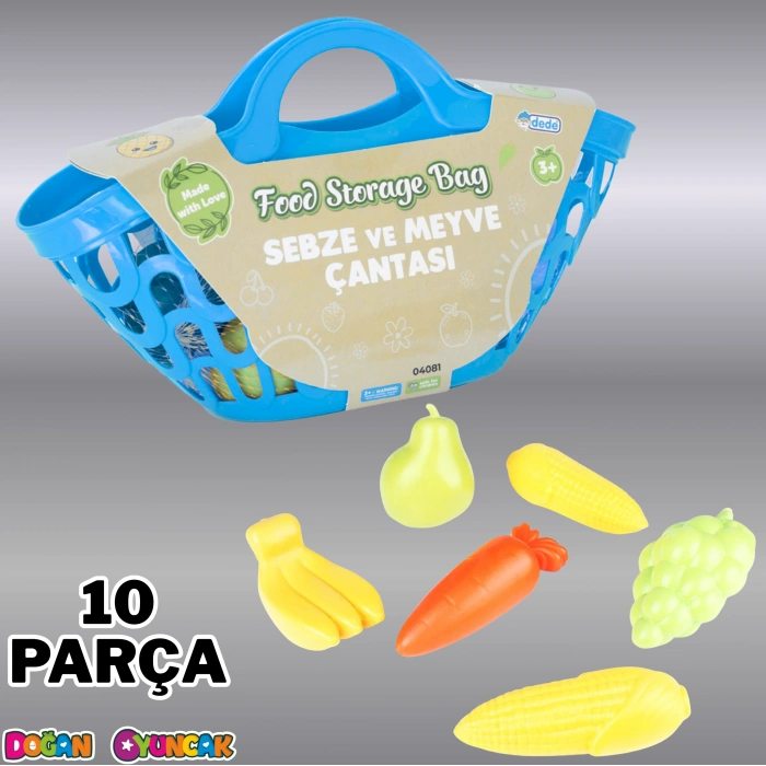 Sebze ve Meyve Çantası Mavi - Meyve Sebze Sepeti - Piknik Sepeti Oyuncak Meyveler - Oyuncak Sebzeler - Mutfak Oyuncakları