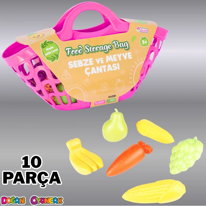 Sebze ve Meyve Çantası Pembe - Meyve Sebze Sepeti - Piknik Sepeti Oyuncak Meyveler - Oyuncak Sebzeler - Mutfak Oyuncakları
