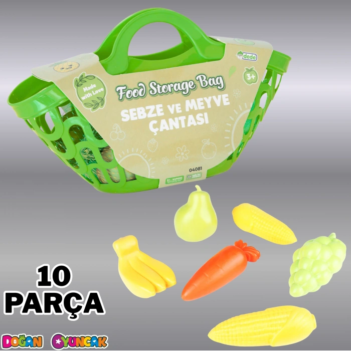 Sebze ve Meyve Çantası Yeşil - Meyve Sebze Sepeti - Piknik Sepeti Oyuncak Meyveler - Oyuncak Sebzeler - Mutfak Oyuncakları