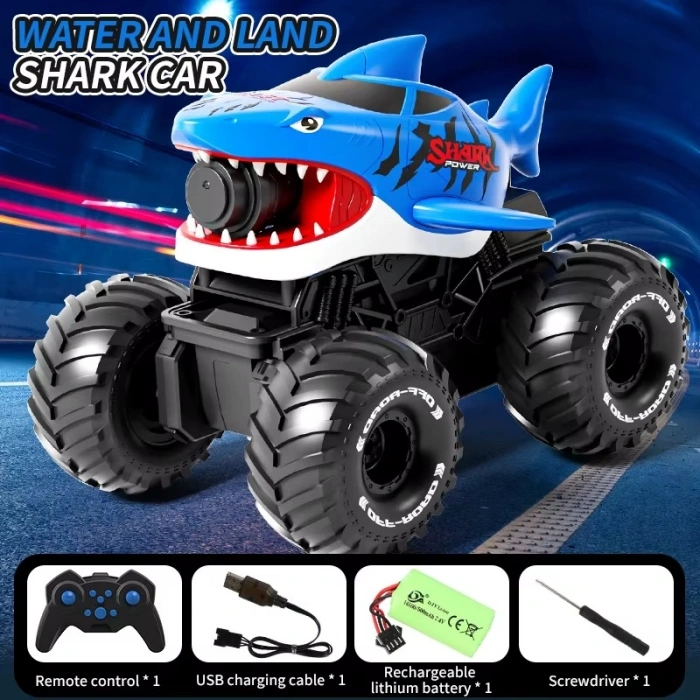 Shark Amphibious Racing Car Mavi - Uzaktan Kumandalı Su Atan Saatli Köpek Balığı - Saat Kontröllü