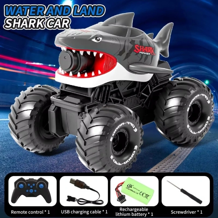 Shark Amphibious Racing Car Siyah - Uzaktan Kumandalı Su Atan Saatli Köpek Balığı - Saat Kontröllü