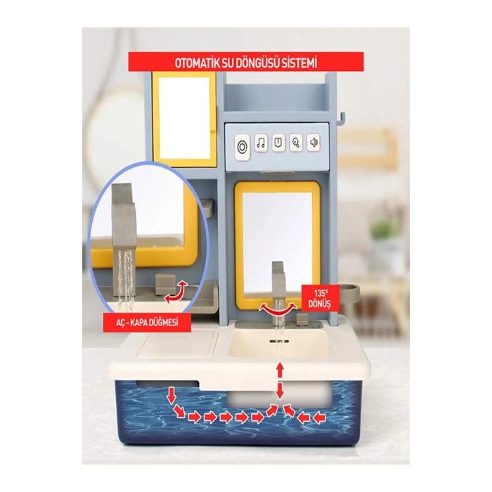 Su Akıtan Modern Banyo Seti - Çeşmeli Işıklı ve Sesli Lavabo - Banyo Seti - Su Akan Musluk - Mavi