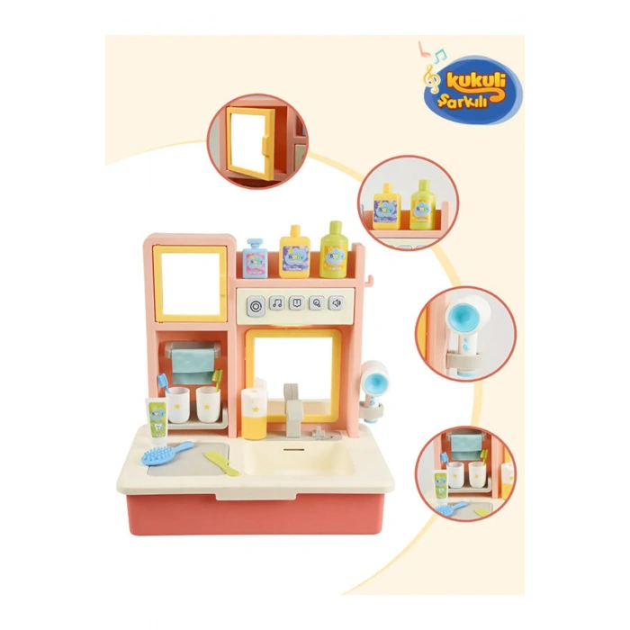 Su Akıtan Modern Banyo Seti - Çeşmeli Işıklı ve Sesli Lavabo - Banyo Seti - Su Akan Musluk - Pembe