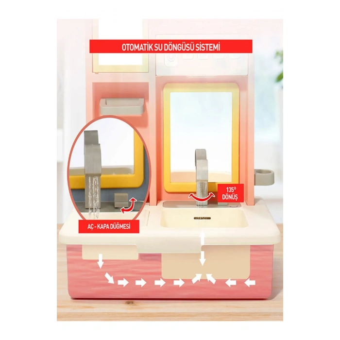 Su Akıtan Modern Banyo Seti - Çeşmeli Işıklı ve Sesli Lavabo - Banyo Seti - Su Akan Musluk - Pembe