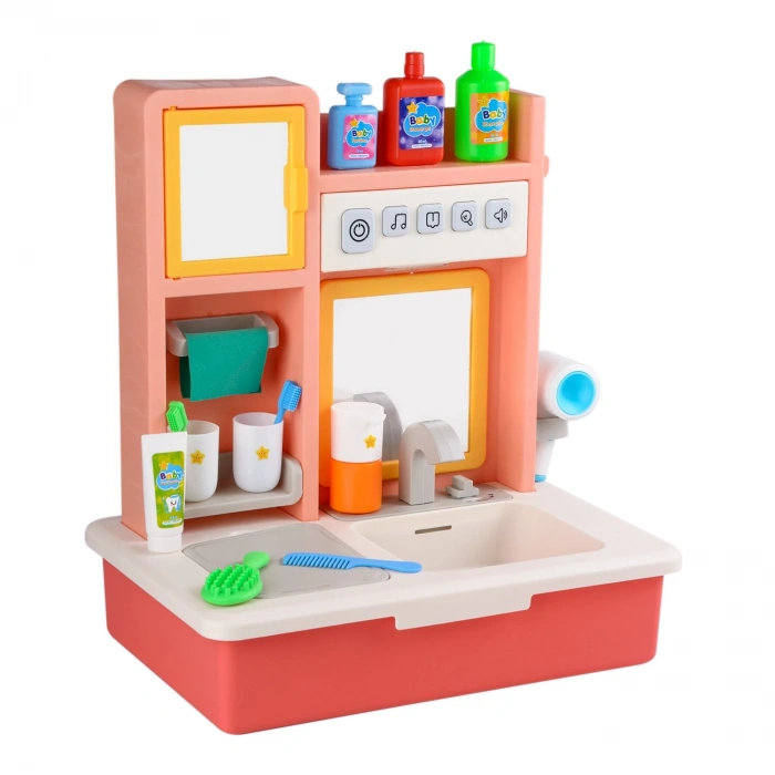 Su Akıtan Modern Banyo Seti - Çeşmeli Işıklı ve Sesli Lavabo - Banyo Seti - Su Akan Musluk - Pembe