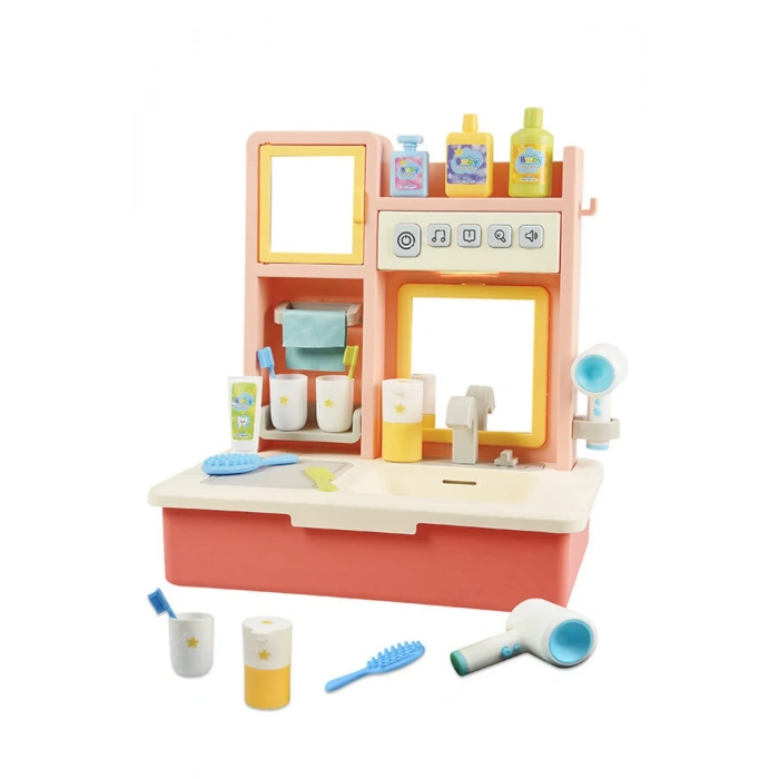 Su Akıtan Modern Banyo Seti - Çeşmeli Işıklı ve Sesli Lavabo - Banyo Seti - Su Akan Musluk - Pembe