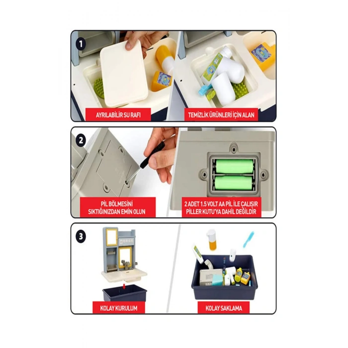 Su Akıtan Modern Banyo Seti - Çeşmeli Işıklı ve Sesli Lavabo - Banyo Seti - Su Akan Musluk - Pembe