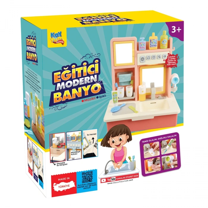 Su Akıtan Modern Banyo Seti - Çeşmeli Işıklı ve Sesli Lavabo - Banyo Seti - Su Akan Musluk - Pembe