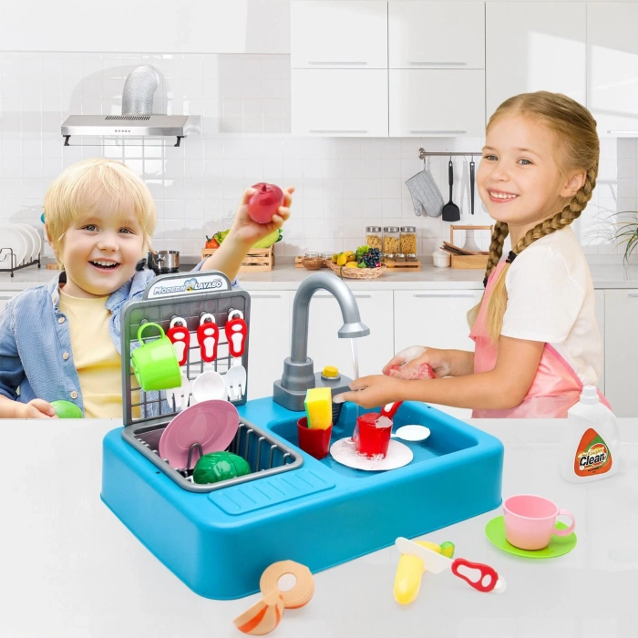 Su Akıtan Modern Mutfak Seti - Çeşmeli Işıklı ve Sesli Lavabo - Mutfak Seti - Su Akan Musluk - Mavi