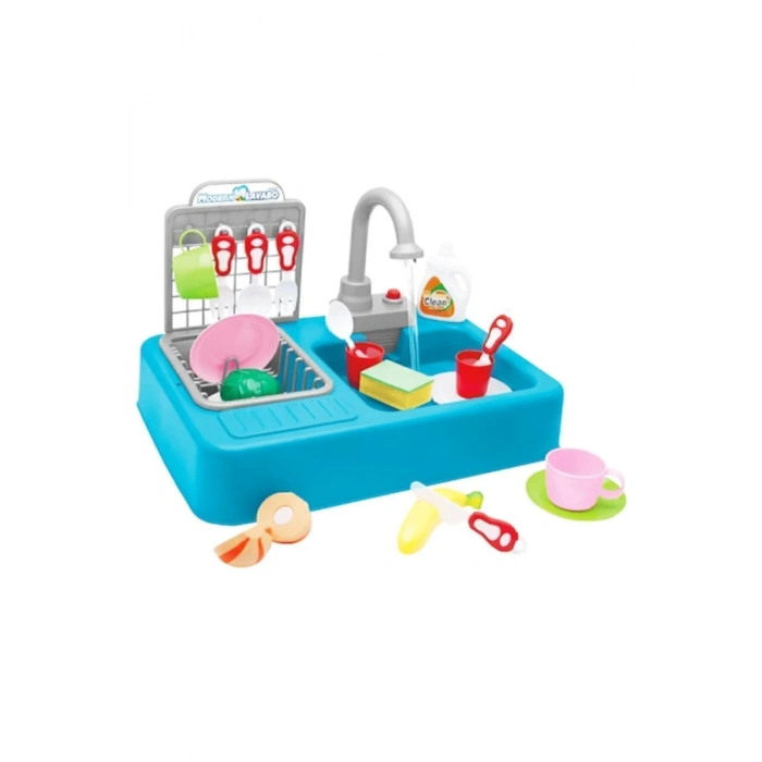 Su Akıtan Modern Mutfak Seti - Çeşmeli Işıklı ve Sesli Lavabo - Mutfak Seti - Su Akan Musluk - Mavi