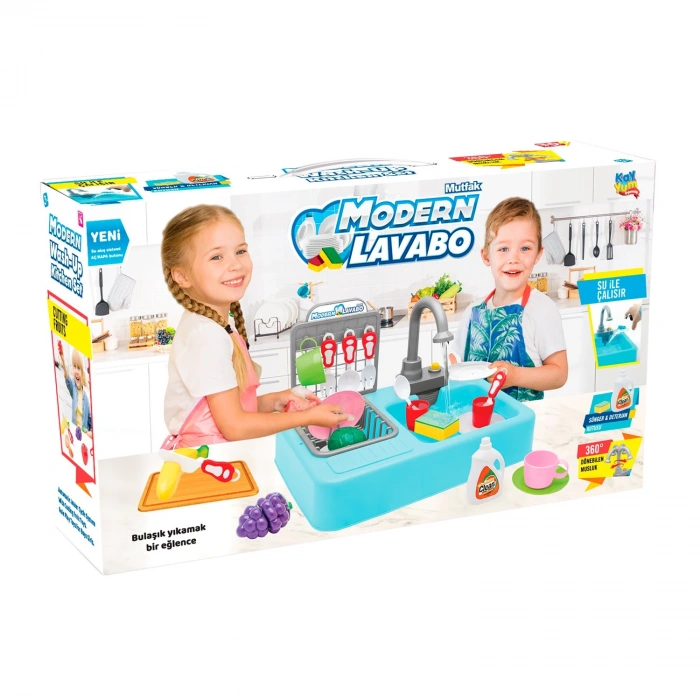 Su Akıtan Modern Mutfak Seti - Çeşmeli Işıklı ve Sesli Lavabo - Mutfak Seti - Su Akan Musluk - Mavi