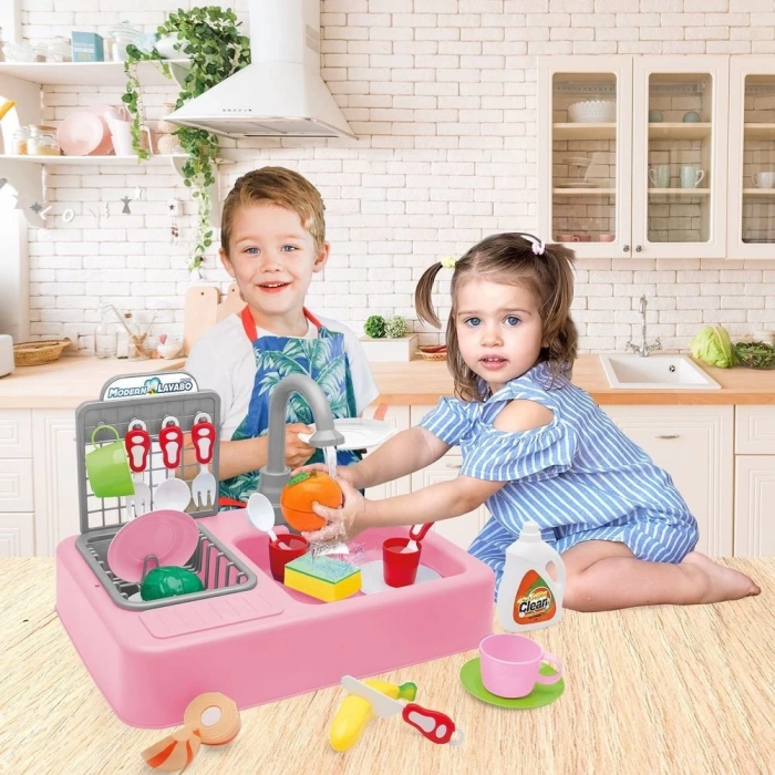 Su Akıtan Modern Mutfak Seti - Çeşmeli Işıklı ve Sesli Lavabo - Mutfak Seti - Su Akan Musluk - Pembe