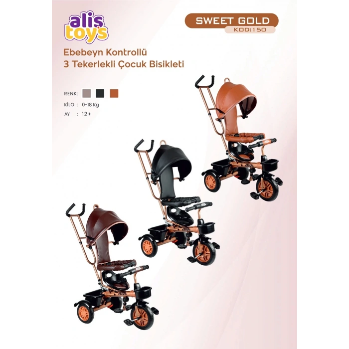 Sweet Gold Arkadan Tutacaklı Bisiklet Kahverengi - Üç Tekerli İtmeli Bisiklet - Ebeveyn Kontröllü Bisiklet Bebek Bisikleti