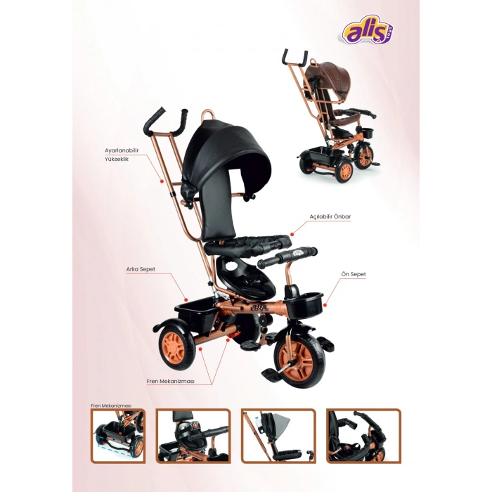 Sweet Gold Arkadan Tutacaklı Bisiklet Kahverengi - Üç Tekerli İtmeli Bisiklet - Ebeveyn Kontröllü Bisiklet Bebek Bisikleti
