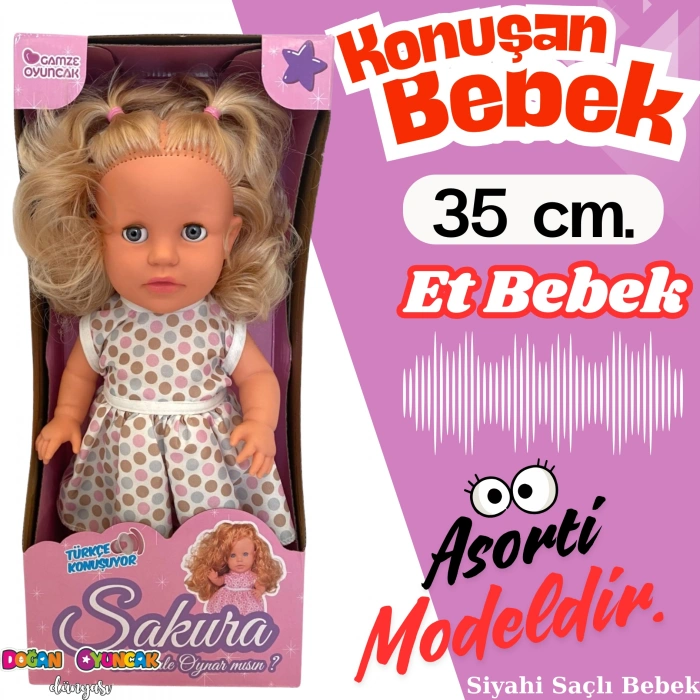Türkçe Konuşan Sakura Saçlı Et Bebek 35 Cm. Kutulu - Konuşabilen Bebek - Saçlı Büyük Bebek - Saçlı Bebek