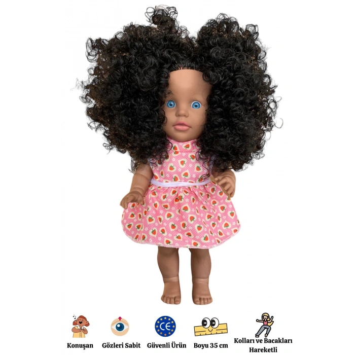 Türkçe Konuşan Siyahi Sakura Saçlı Et Bebek 35 Cm. - Konuşabilen Bebek - Saçlı Büyük Bebek - Saçlı Bebek