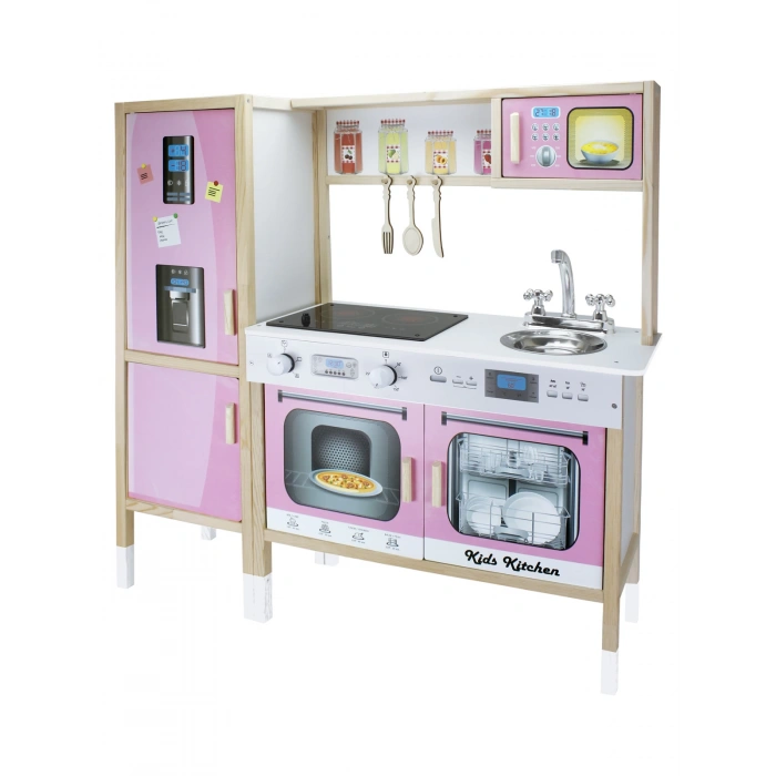 Ultralüx Işıklı Hamarat Ahşap Mutfak - Ahşap Çocuk Mutfağı - Mutfak Seti - Kapaklı Mutfak - Pembe
