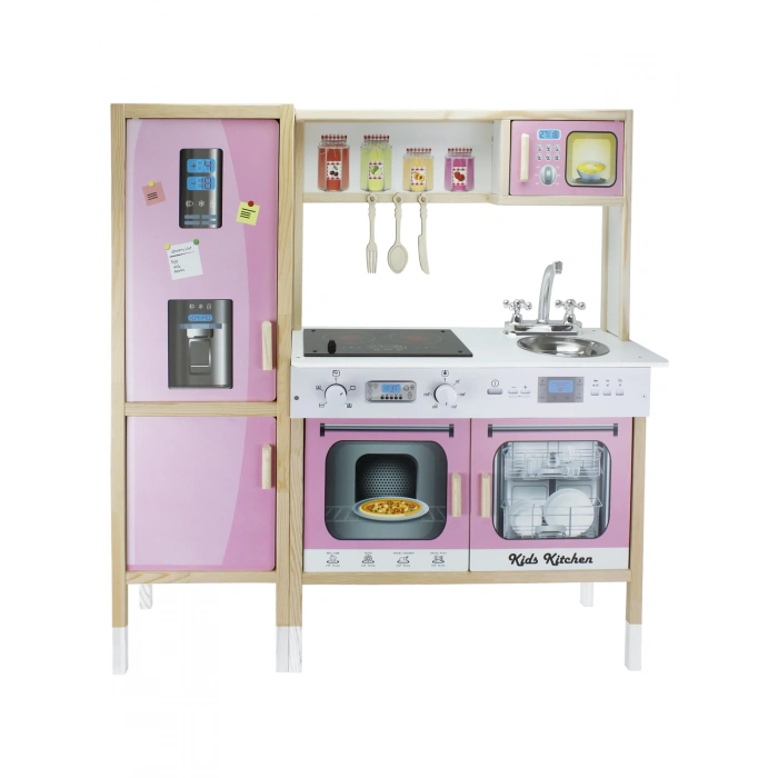 Ultralüx Işıklı Hamarat Ahşap Mutfak - Ahşap Çocuk Mutfağı - Mutfak Seti - Kapaklı Mutfak - Pembe