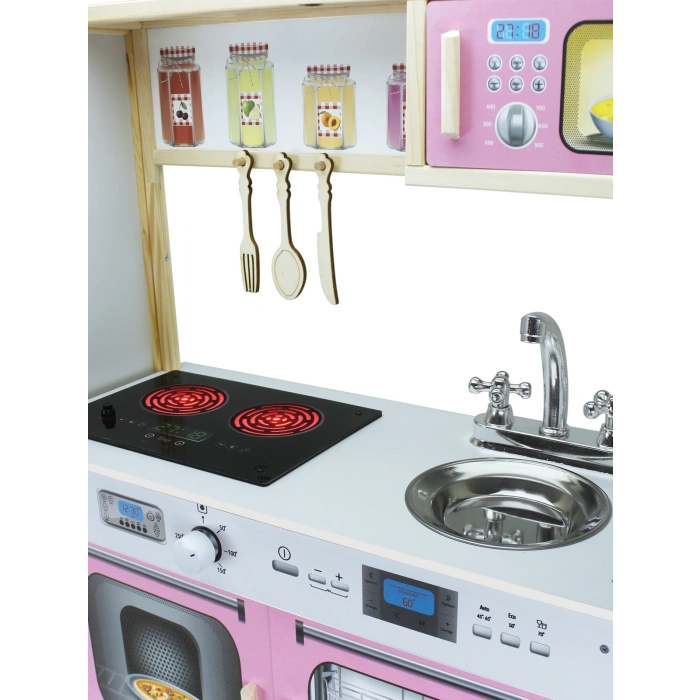 Ultralüx Işıklı Hamarat Ahşap Mutfak - Ahşap Çocuk Mutfağı - Mutfak Seti - Kapaklı Mutfak - Pembe