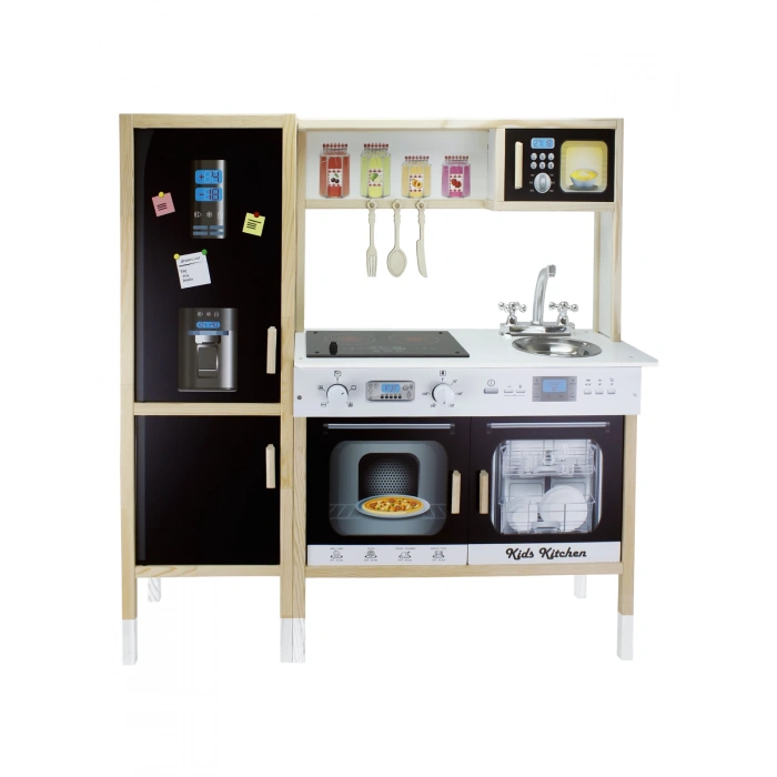 Ultralüx Işıklı Hamarat Ahşap Mutfak - Ahşap Çocuk Mutfağı - Mutfak Seti - Kapaklı Mutfak - Siyah