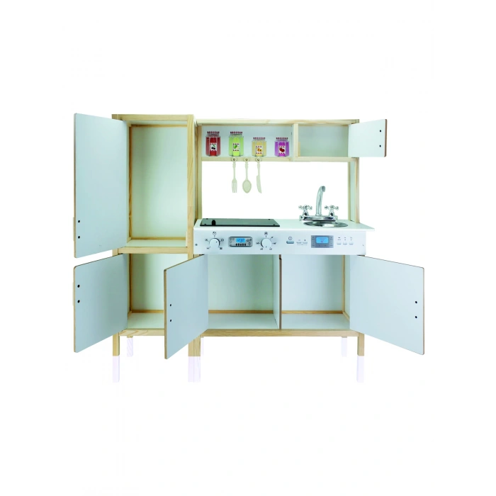 Ultralüx Işıklı Hamarat Ahşap Mutfak - Ahşap Çocuk Mutfağı - Mutfak Seti - Kapaklı Mutfak - Siyah