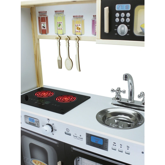 Ultralüx Işıklı Hamarat Ahşap Mutfak - Ahşap Çocuk Mutfağı - Mutfak Seti - Kapaklı Mutfak - Siyah