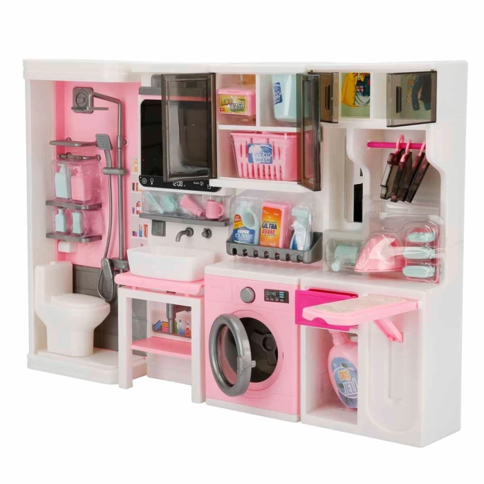 Ütü, Ayna, Tuvalet ve Çamaşır Makinesi Banyo Seti - Modern Banyo Seti - Banyo Oyuncak Seti - Ütü, Klozet, Tuvalet, Aynalı Lavabo, Çamaşır Makinesi Oyuncak
