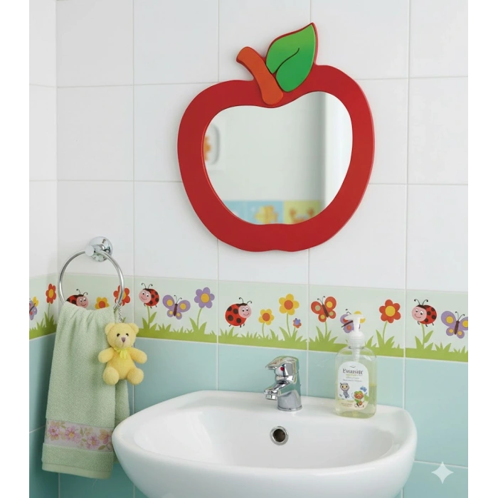 Elma Lavabo Aynası - Anaokulu Lavabo Aynası - Ahşap Ayna - Okul İçin Ayna