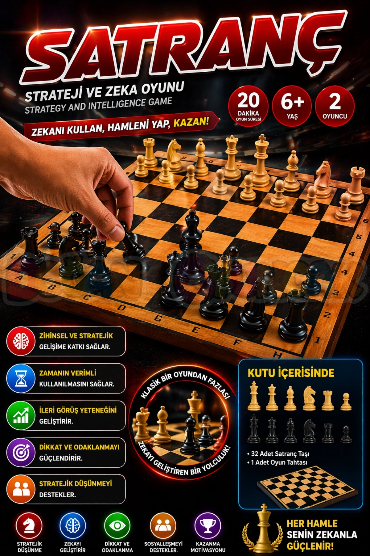 Ahşap Satranç Oyunu - Akıl ve Zeka Oyunu - Moli Satranç Oyunu - Strateji Oyunu