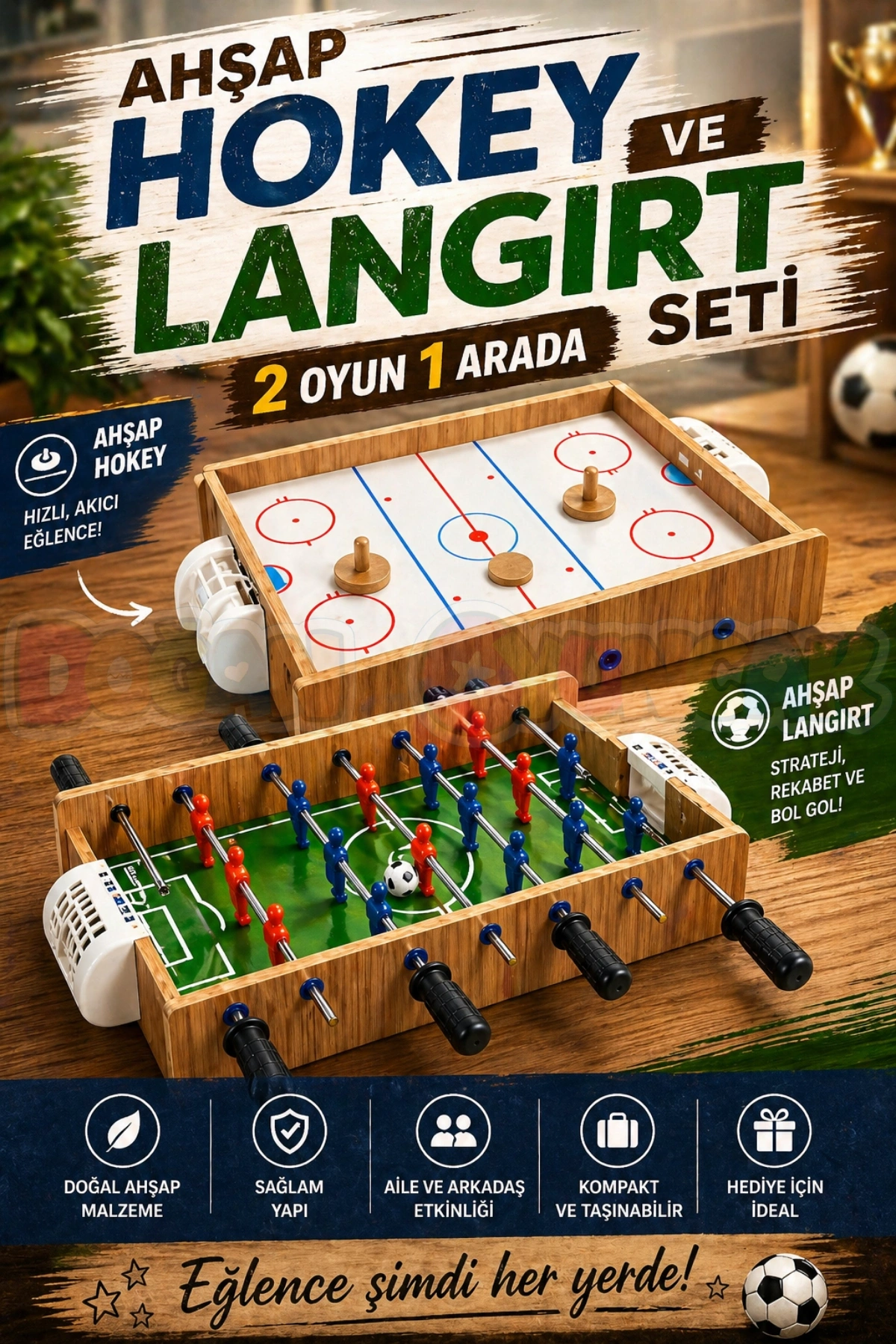 Ahşap Hokey ve Ahşap Langırt Seti - Ahşap Oyuncak - Futbol Oyuncakları - Top Oyuncak Langırt Setleri - Langırt Oyuncakları