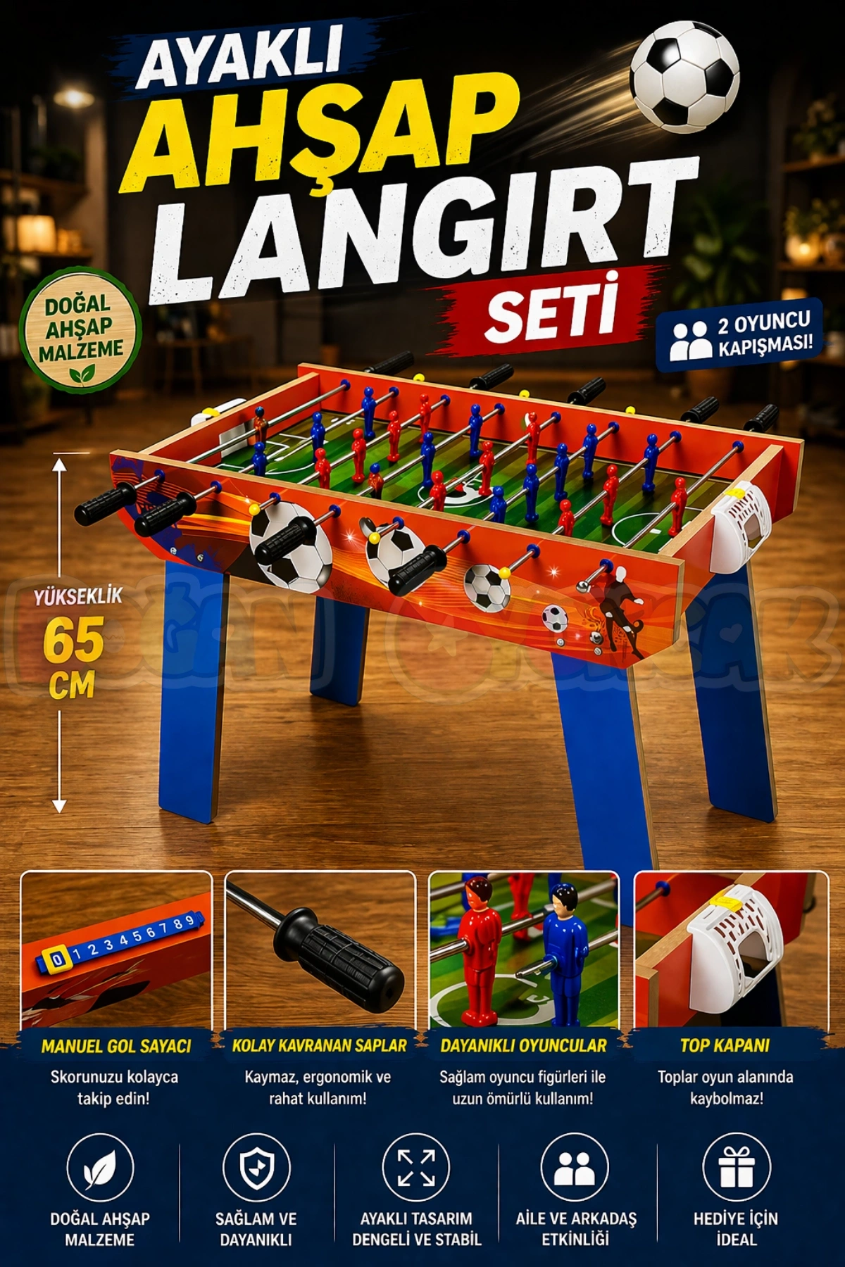 Ayaklı Ahşap Langırt Seti - Ahşap Oyuncak - Futbol Oyuncakları - Top Oyuncak Langırt Setleri - Langırt Oyuncakları - Ahşap Masa Oyunu