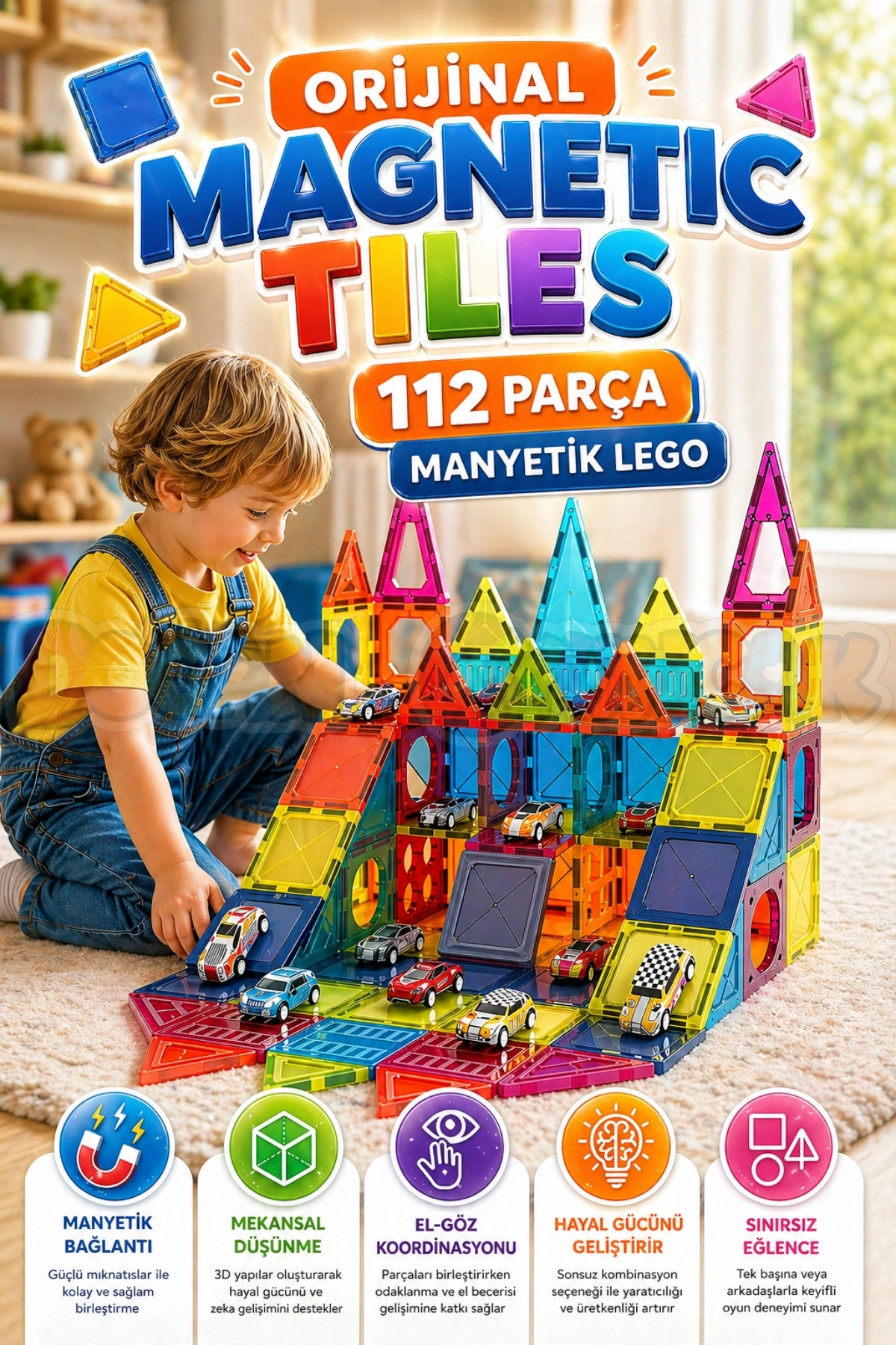 Orijinal Magnetic Tiles 112 Parça Manyetik Lego - Magnetic Magical Magnet - Mıknatıslı Lego