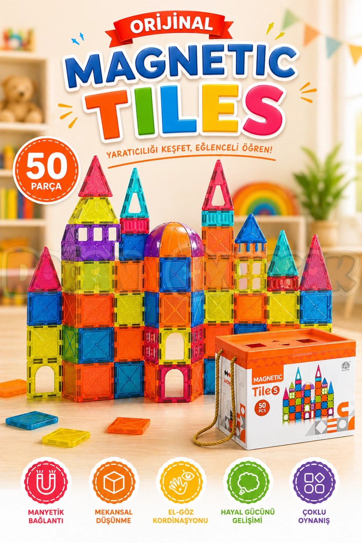 Orijinal Magnetic Tiles 50 Parça Manyetik Lego - Magnetic Magical Magnet - Mıknatıslı Lego