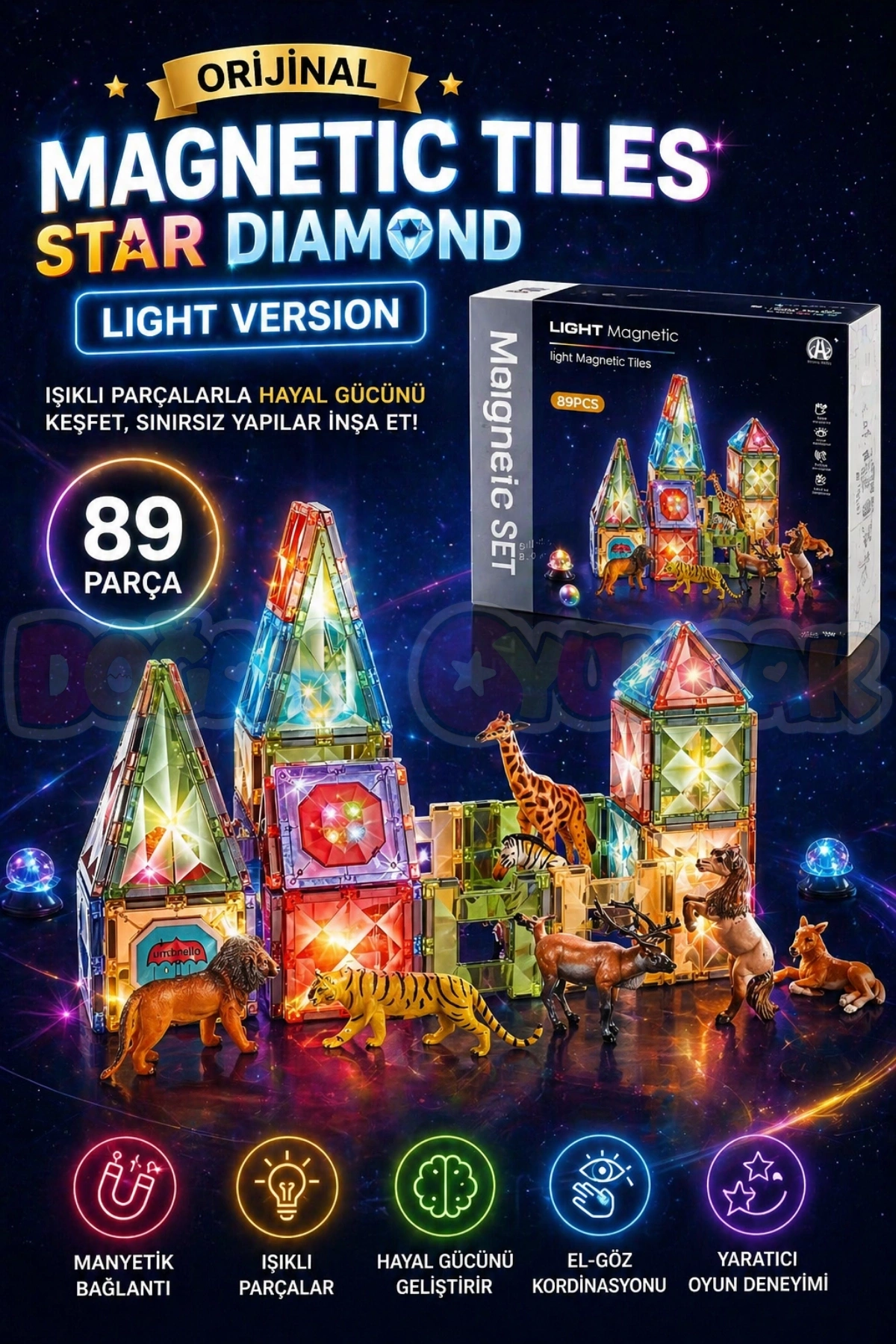 Orijinal Magnetic Tiles Star Diamond Light Version 89 Parça Işıklı Manyetik Lego - Mıknatıslı Lego Ledli Magnetic Işıklı Magnet