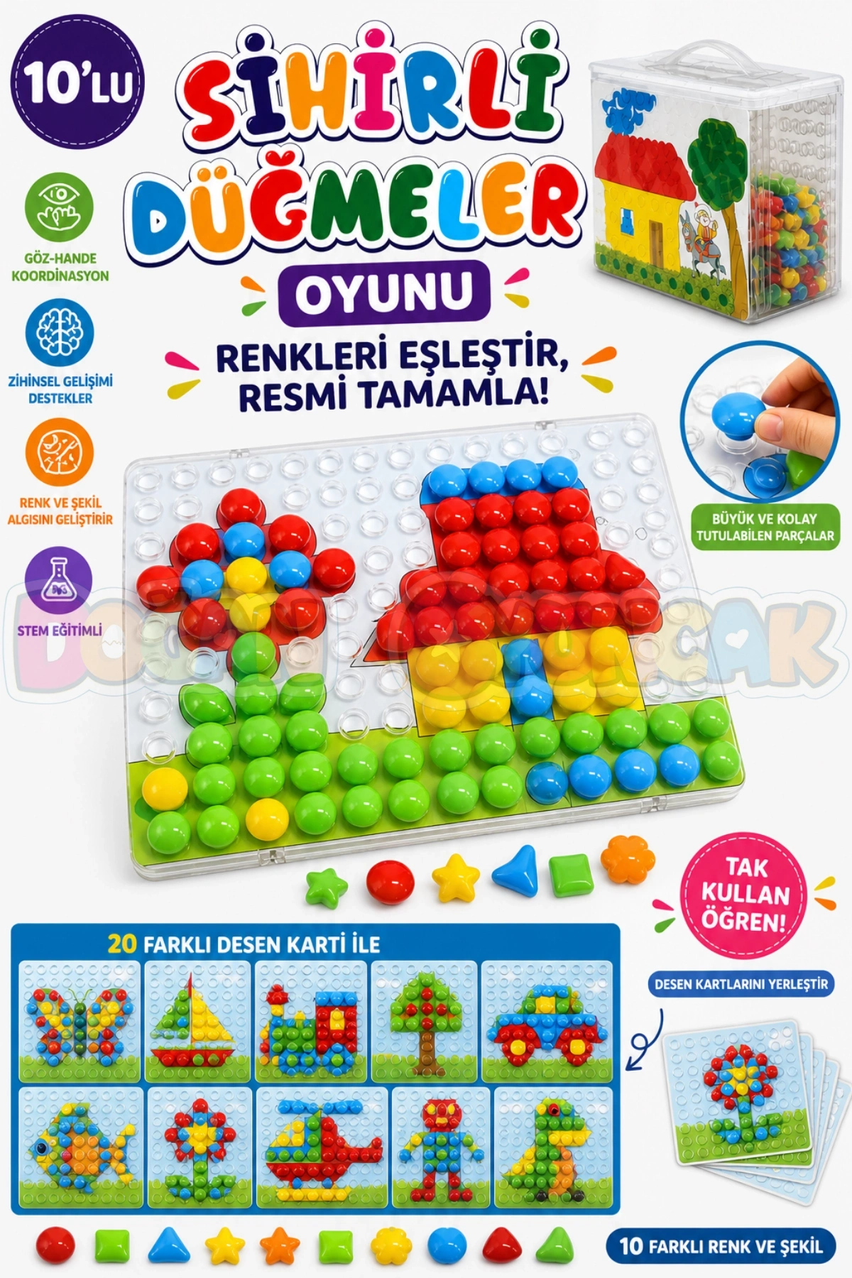 10lu Sihirli Düğmeler Oyunu - Oyuncak Sihir Düğmeler - Renkleri Yerine Yerleştirme Oyunu Resim Oyunu