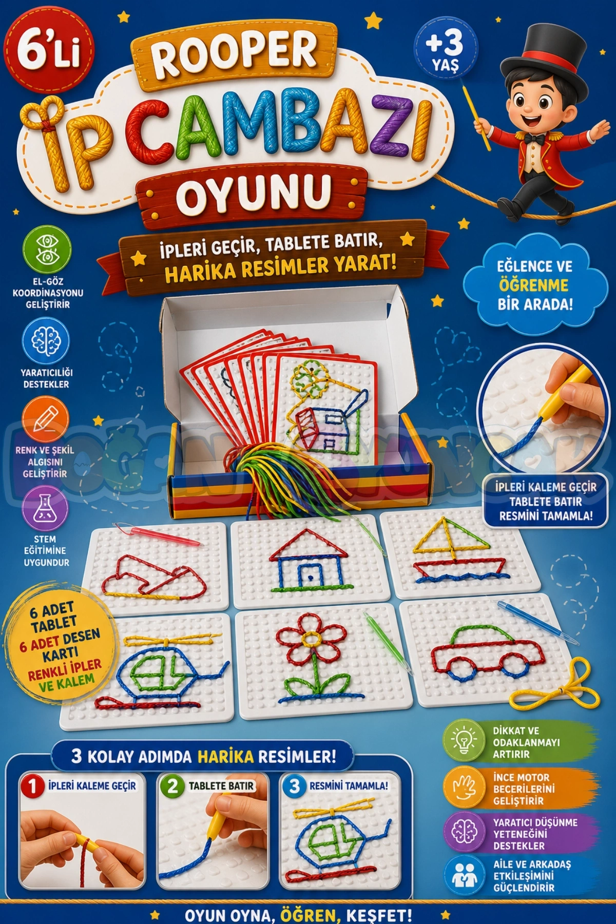 6lı Rooper İp Cambazı Oyunu - Oyuncak İp Geçirme - Resim Oyunu Rooper Oyunu - Anaokulu Oyuncak