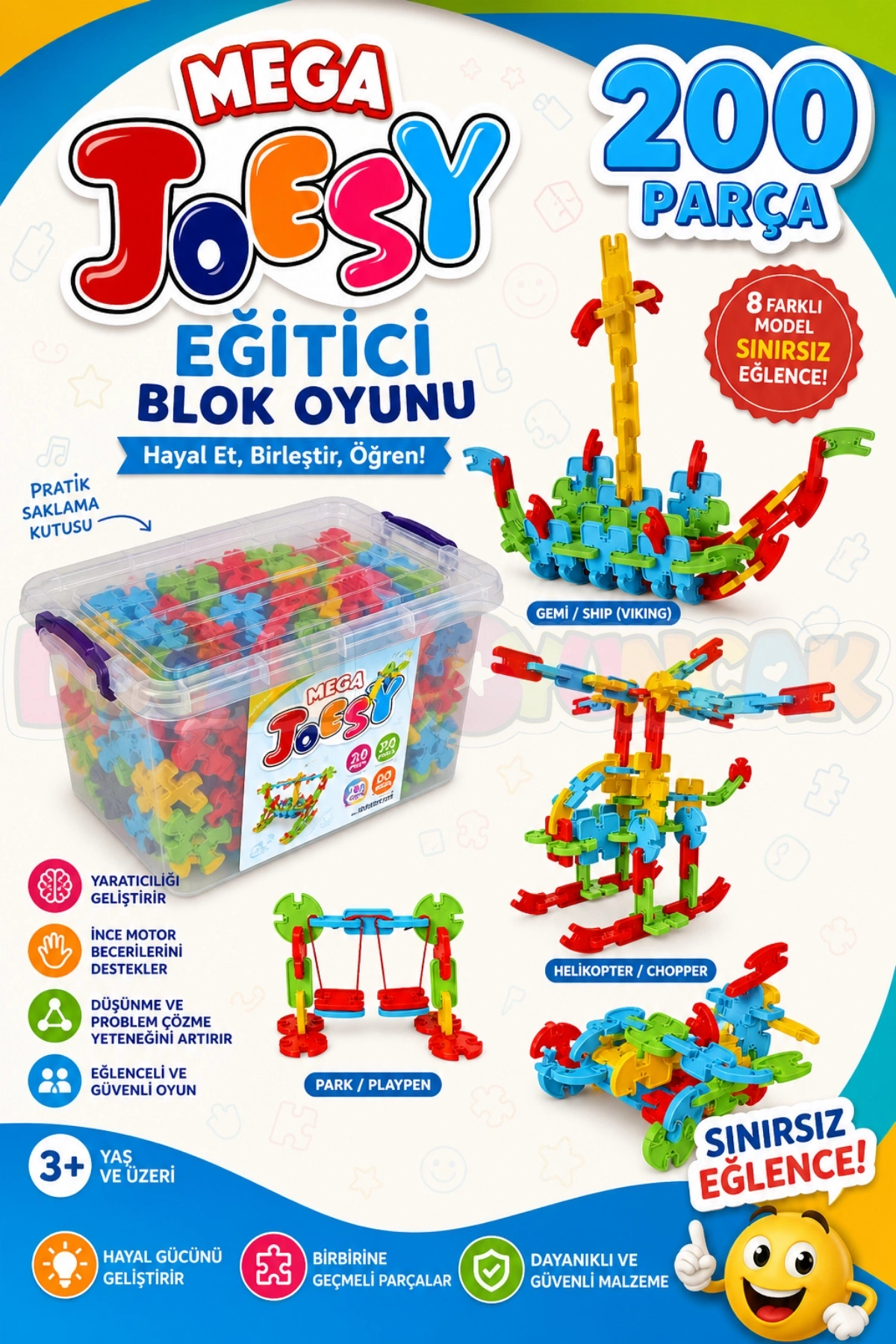 Mega Joesy Eğitici Blok Oyunu 200 Parça - Oyuncak Lego Seti - Birbirine Geçmeli STEM Lego Seti - Eğitici Oyuncak
